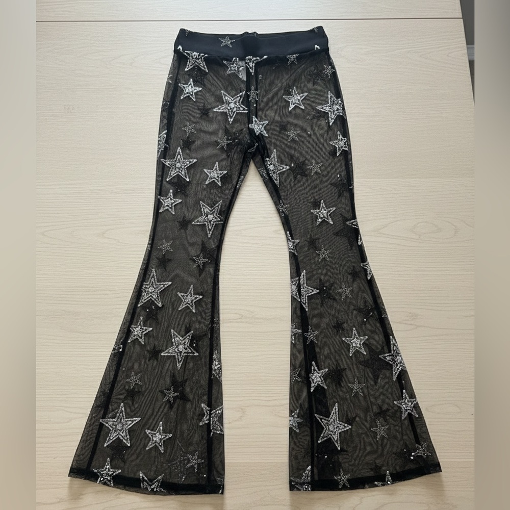 iHeartRaves Black Sheer Star-Embroidered Mesh Flare Pants